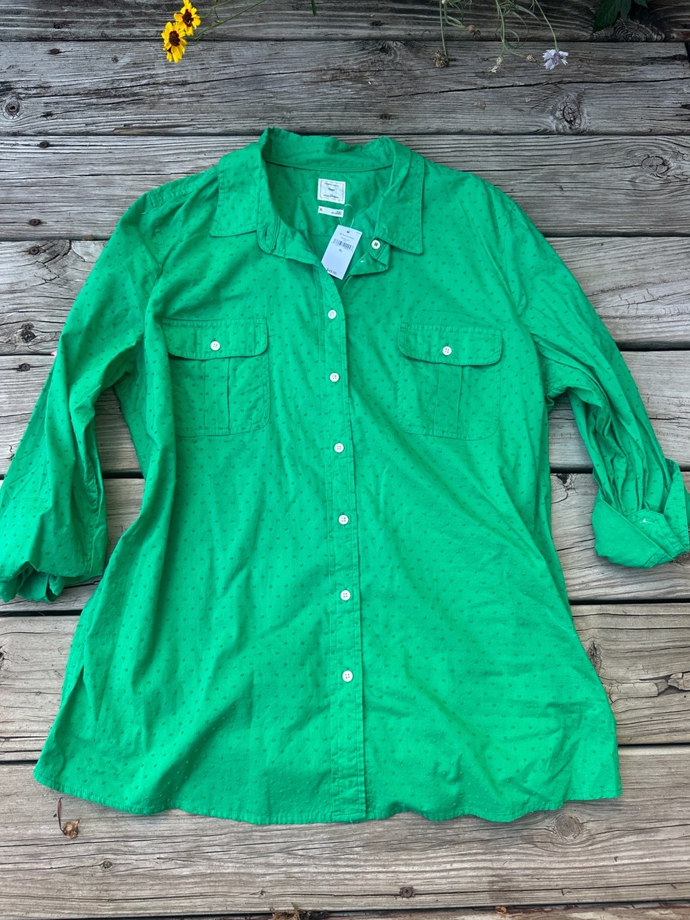 Gap Fitted Boyfriend Green Swiss Dot Button Down, Size XL, NWT